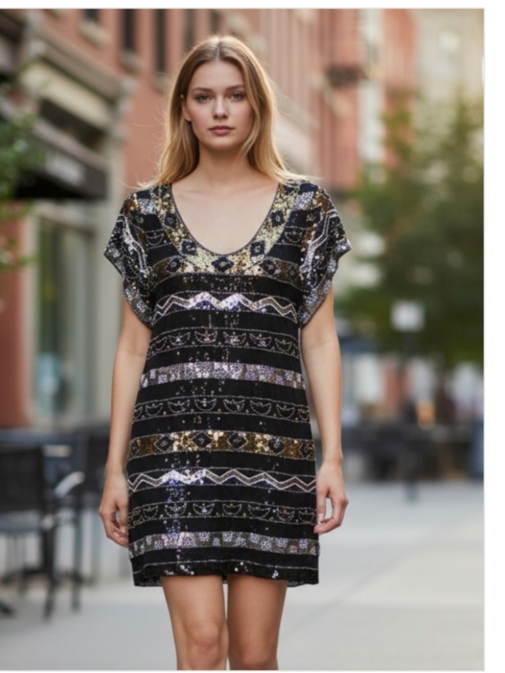 French Connection Beaded and Sequined Mini Dress in Black and Gold, Size 10